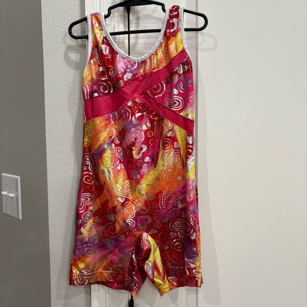 Future Star Orange Pink Yellow with silver heart shorts leotard size Medium GUC